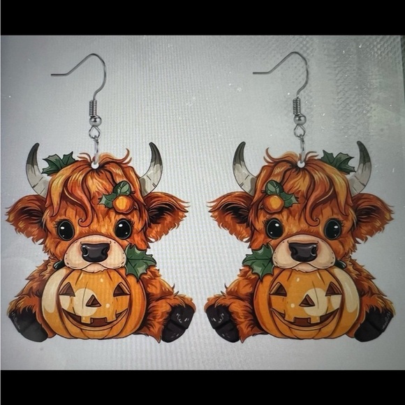 Womens, Jewelry, Earrings Highland Cow Pumpkin Earrings - Picture 4 of 4